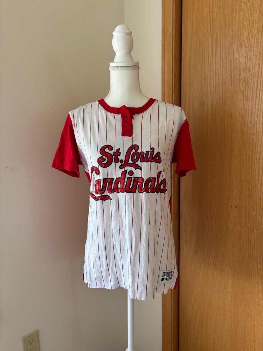 PINK Victoria's Secret White & Red St. Louis Cardinals Pinstripe Tee